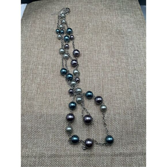 Lia Sophia "Pearl Jam" Double Strands Silver Tone Pearl Long Necklace Trendy - Picture 3 of 9